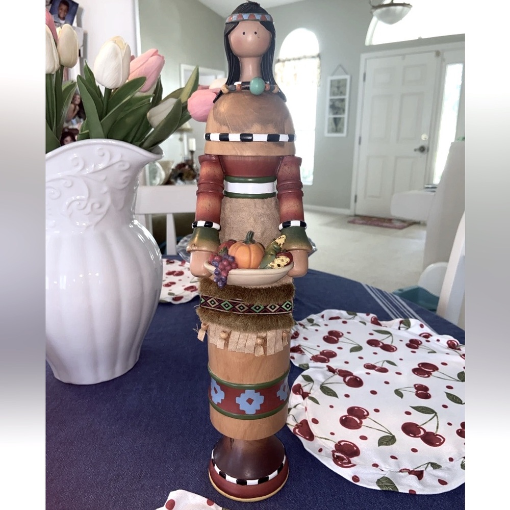 Handcrafted Native American Harvest Wooden Doll with Floral Accents Solid Wood